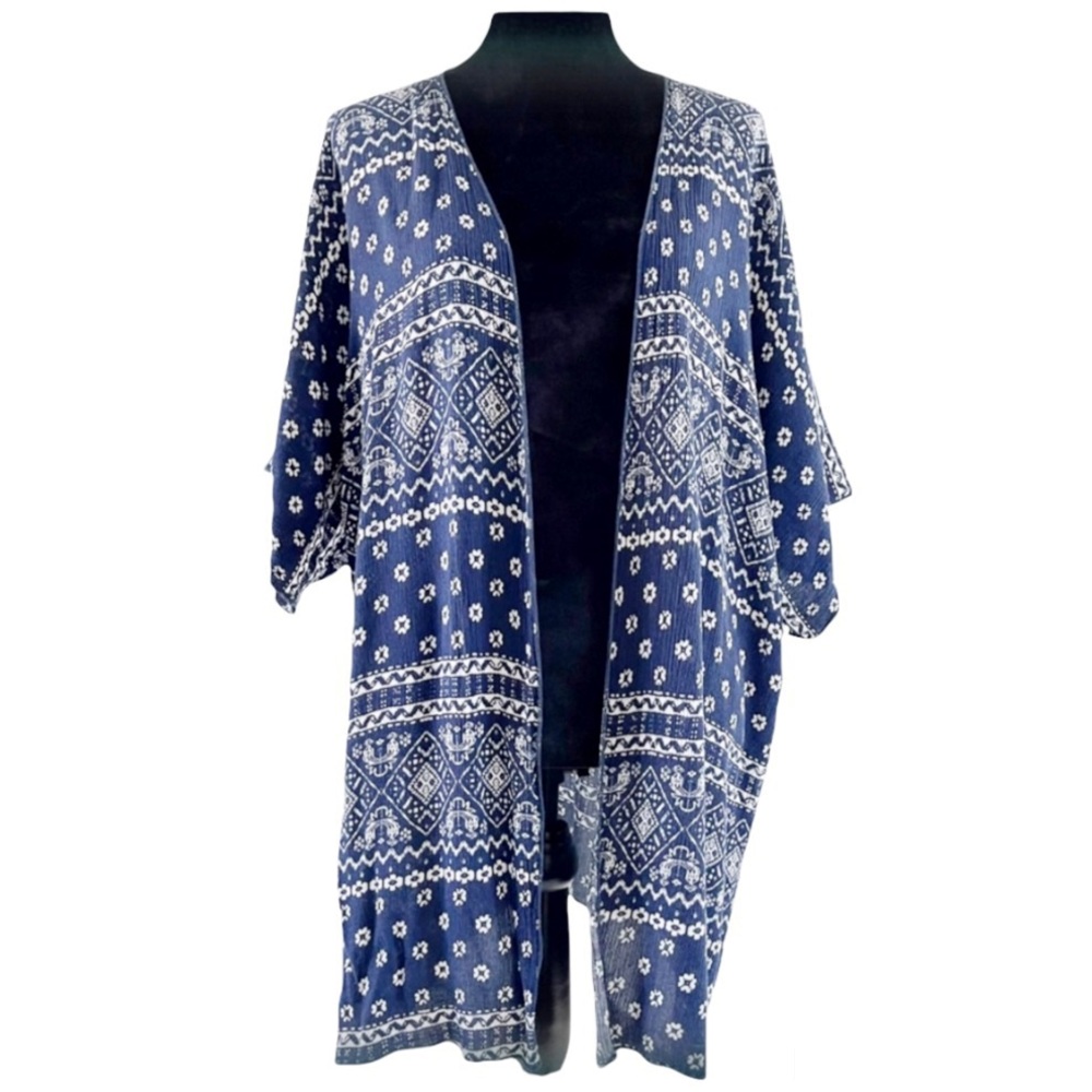Lime & Chili Crinkle Blue Rayon Boho Kimono Swim Coverup Top Size Medium